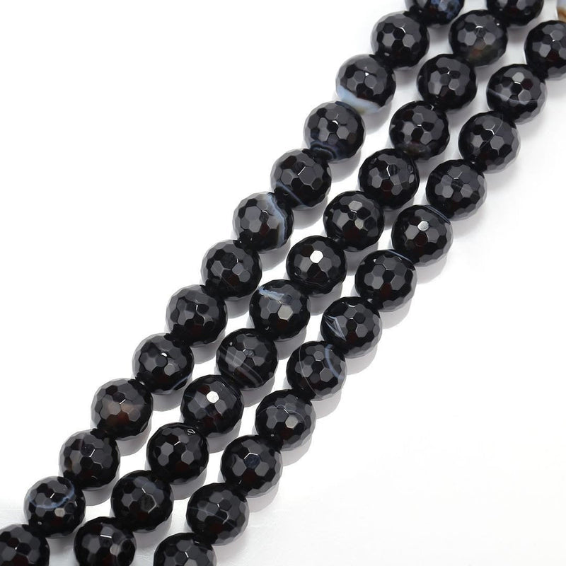 2.0mm Large Hole Black Striped Agate Faceted Round Beads 8mm 15.5" Strand
