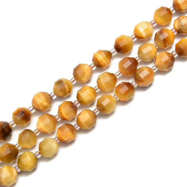 Golden Tiger Eye Prism Cut Double Point Faceted Round Beads 9x10mm 15.5'' Strand