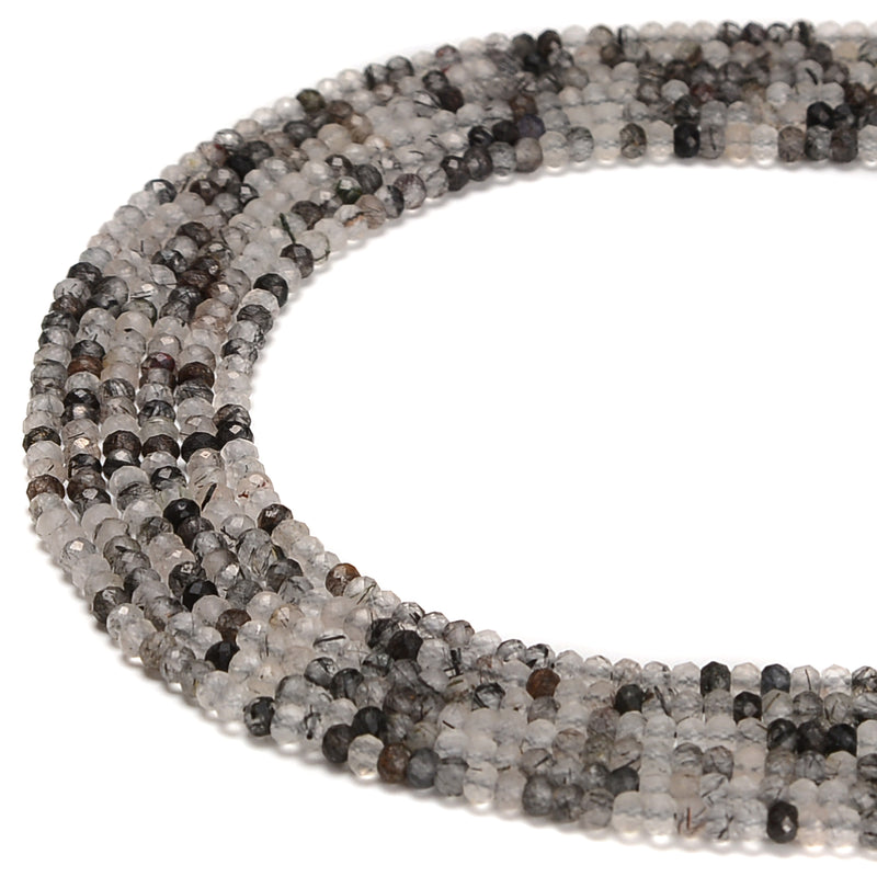 Black Tourmalinated Quartz Faceted Rondelle Beads Size 2x3mm 15.5'' Strand