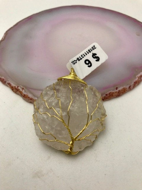 quartz wire wrapped gold tree of life pendant