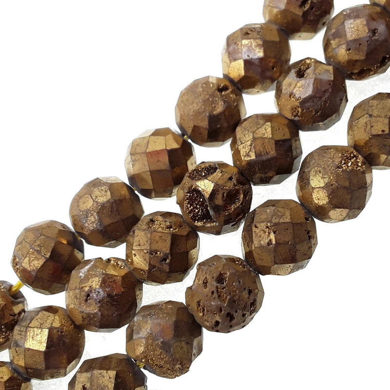 Gold Druzy Agate Faceted Round Beads 6mm 8mm 10mm 15.5" Strand