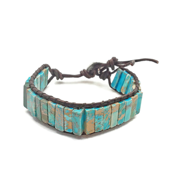 Blue Sea Sediment Jasper Stone Rectangle Tube Leather Wrap Bracelet
