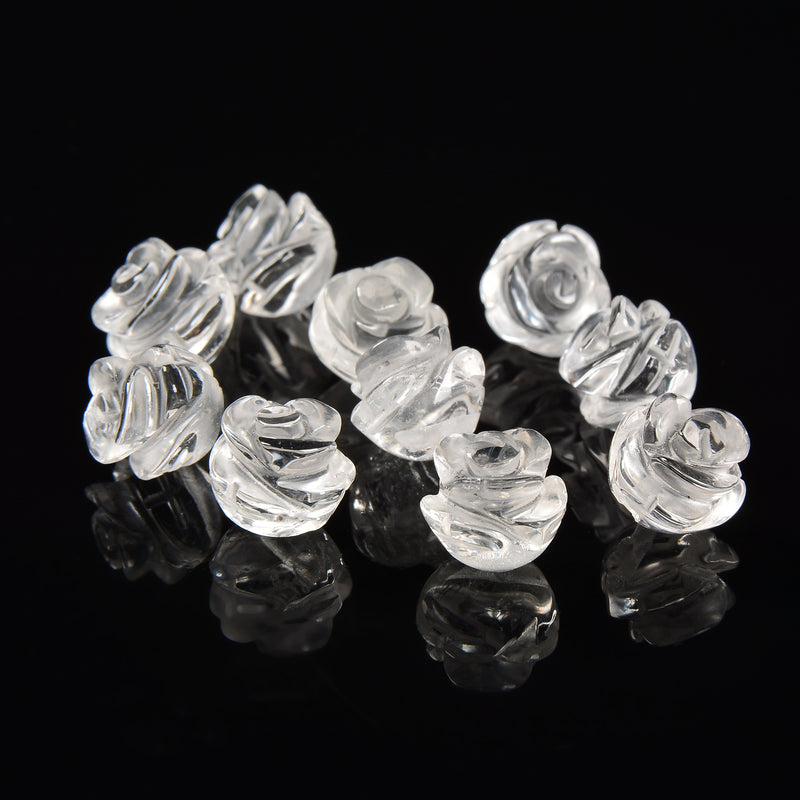 Clear Quartz Hand Carved Rose Flower Gemstone Beads 10mm 12mm 10pcs Per Strand