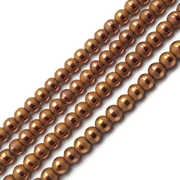 Copper Plated Hematite Matte Round With Shiny Stripe Beads Size 4mm 15.5" Strand