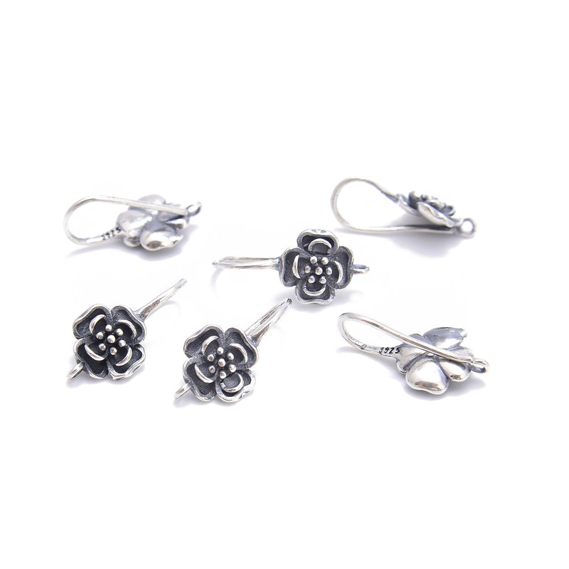 925 Sterling Silver Anti-Silver Rose Shape Earring Hook 9x18.5mm 4 Pcs Per Bag