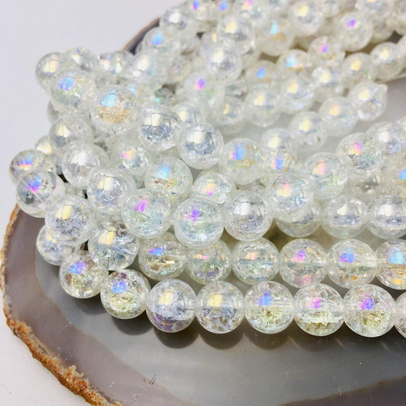 ab coated Crackled quartz crystal smooth round beads