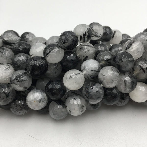black tourmalinated quartz faceted round beads