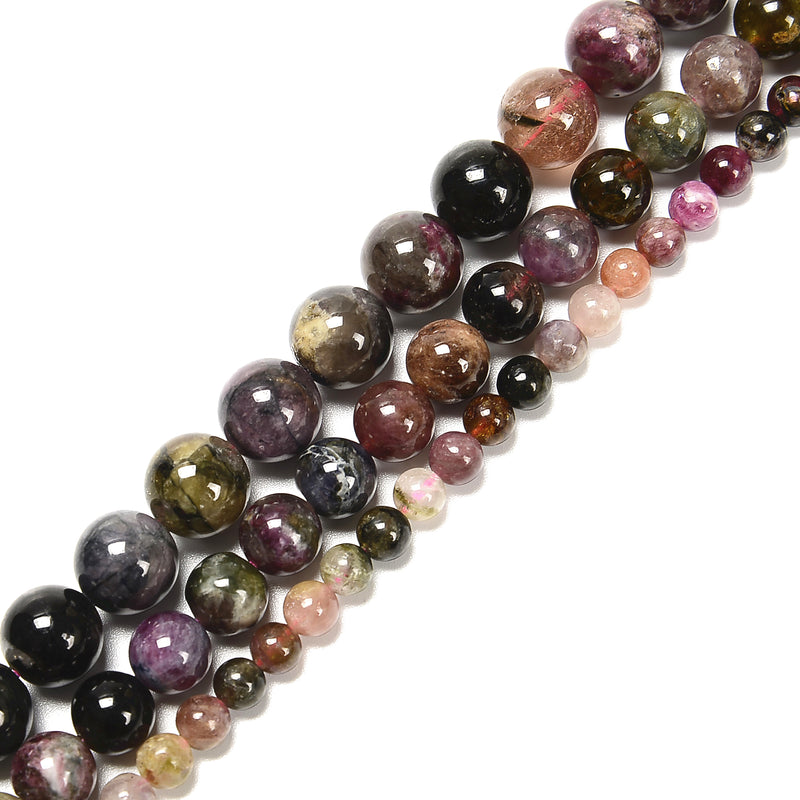 Natural Multi Color Tourmaline Smooth Round Beads 5mm 7mm 9mm 15.5'' Strand