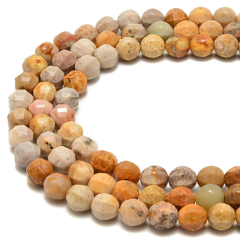 Fossil Coral Prism Cut Faceted Round Beads 10mm 15.5" Strand