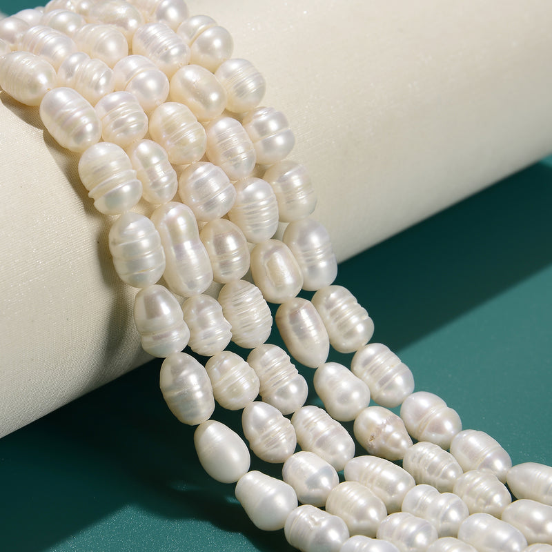 Fresh Water Pearl Ringed Rice Shape Beads Size 6x8mm 8x10mm 13.5'' Strand