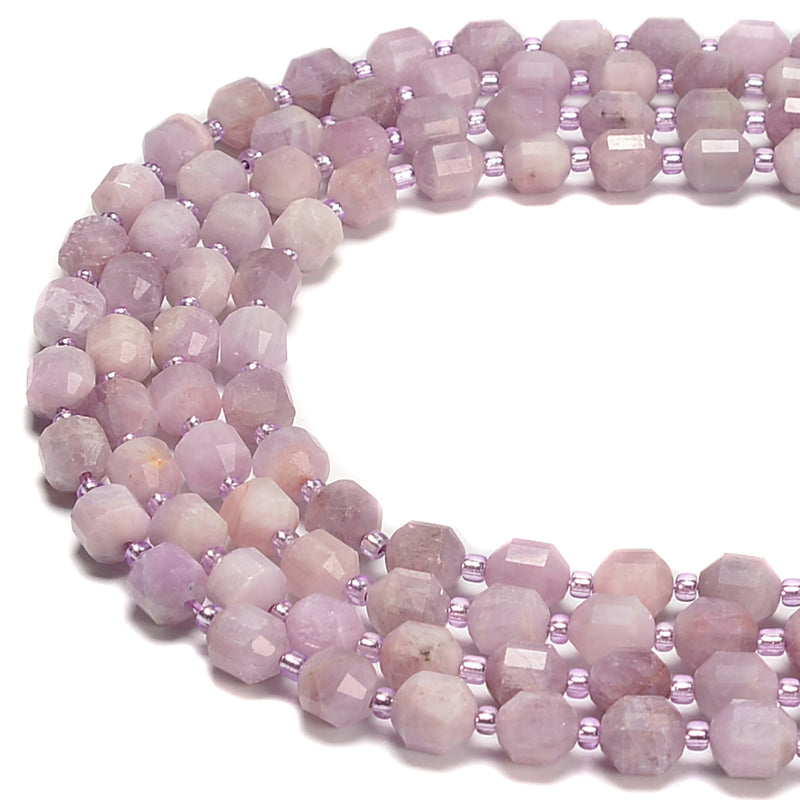 Natural Kunzite Prism Cut Double Point Faceted Round Beads 8mm 10mm 15.5''Strand