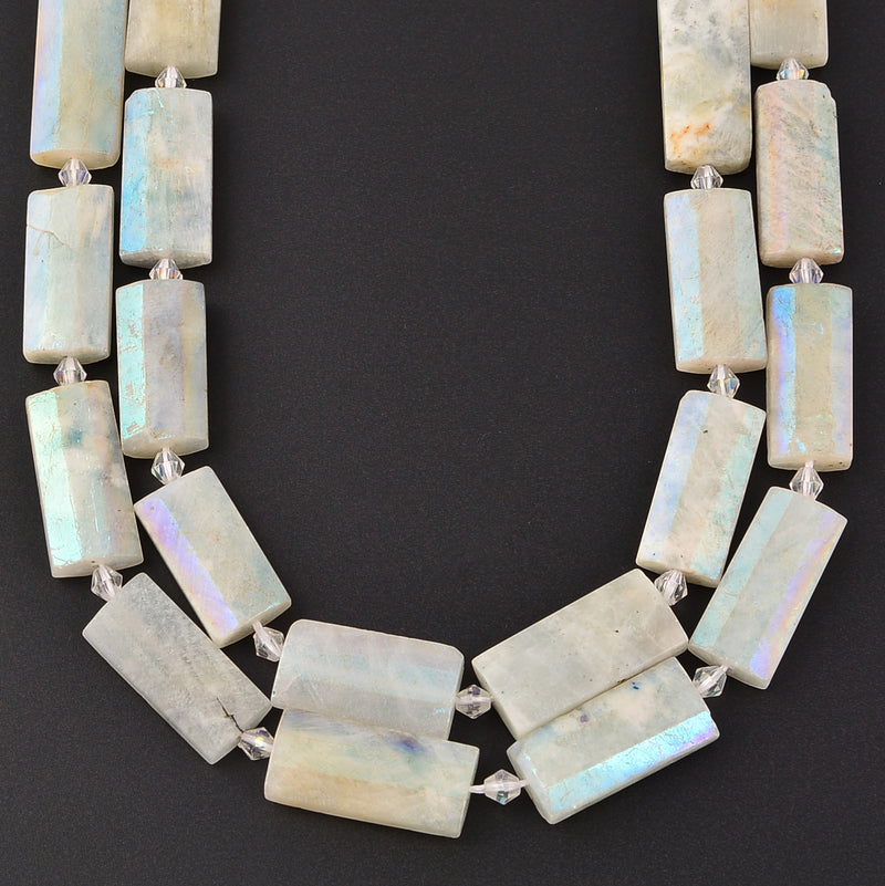Coated White Moonstone Faceted Rectangle Cylinder Beads Size14x28mm 15.5''Strand