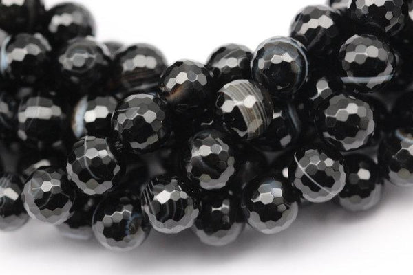 black Striped agate faceted round beads 