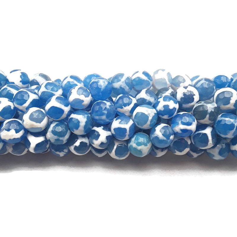 Blue & White Tibetan Agate Faceted Round Beads 8mm 10mm 15.5" Strand