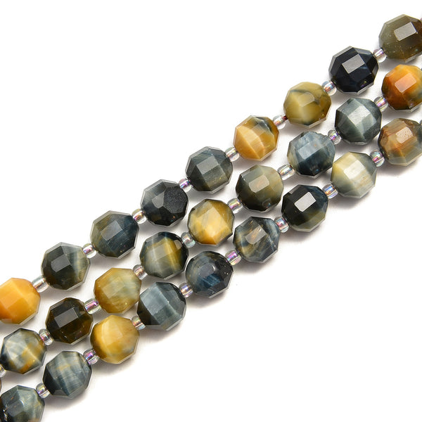 Golden Blue Tiger Eye Prism Cut Double Point Faceted Round Beads 8mm 15.5"Strand