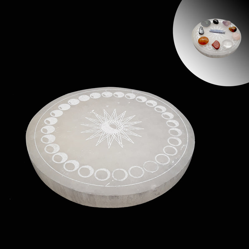 Selenite Crystal Cleanse Round Circle Charging Plate Moon Cycle Phase 5.5"Inches