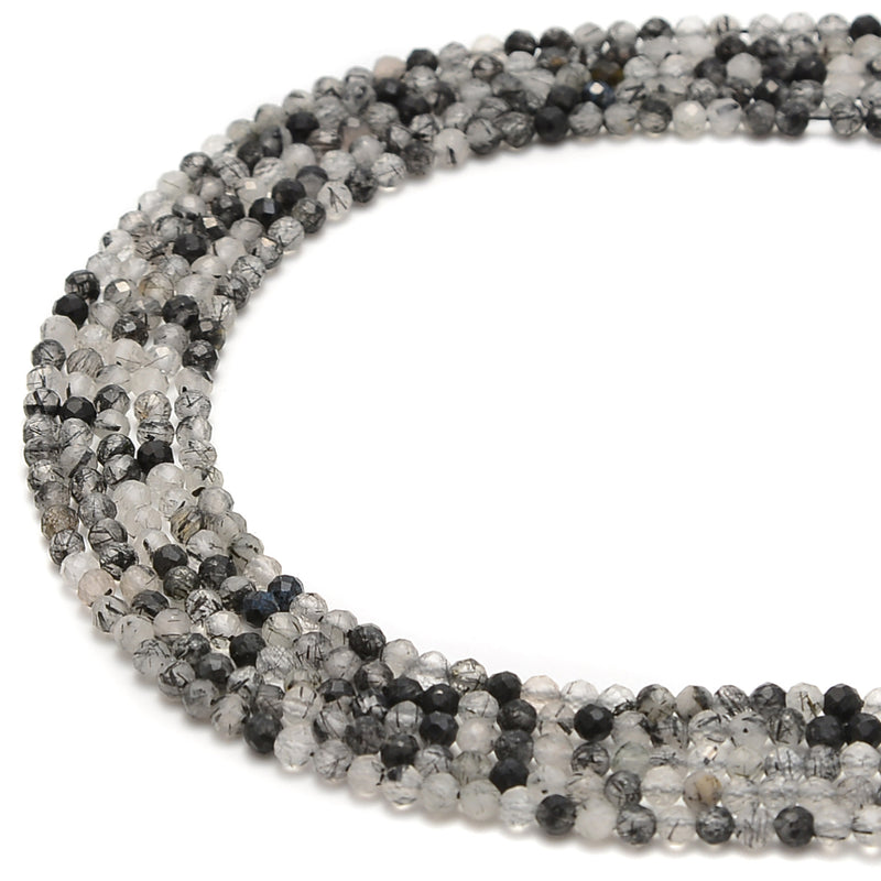 Black Tourmalinated Quartz Faceted Round Beads Size 2mm 3mm 4mm 15.5" Strand