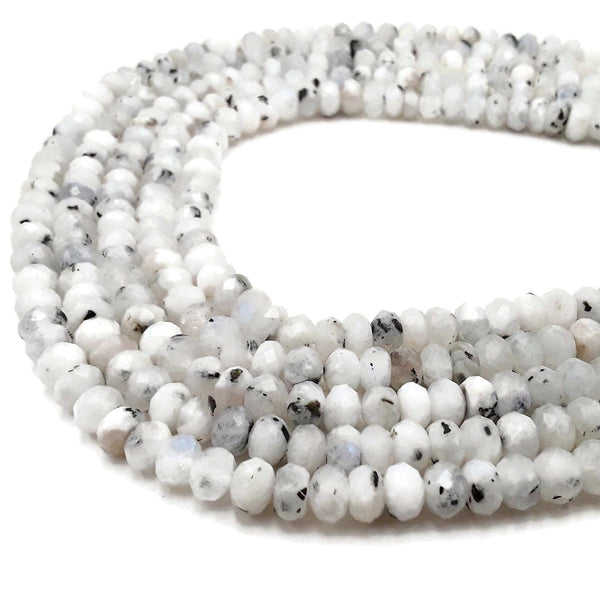 White Moonstone Black Specks Faceted Rondelle Beads 3x5mm 4x7mm 5x8mm 15.5" Strand