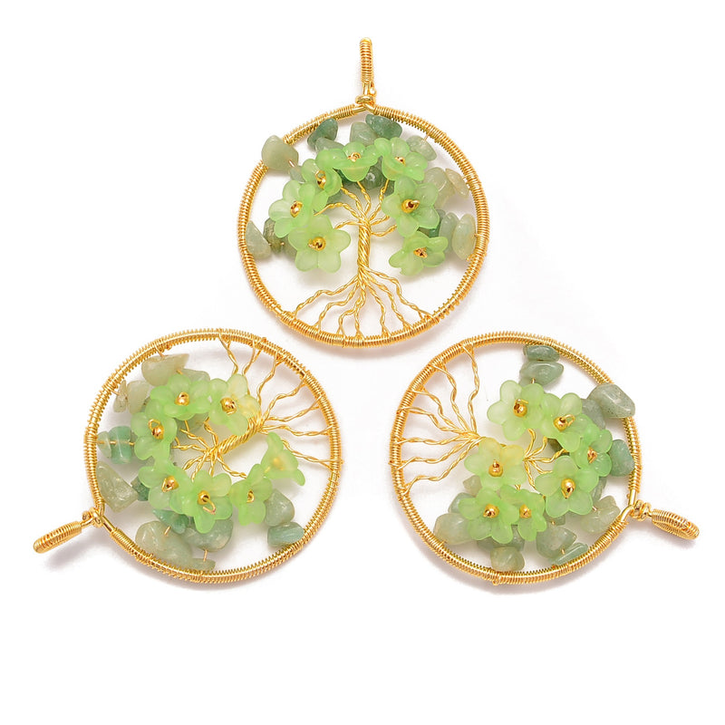 Green Aventurine Chips Flower Tree of Life Charm Wire Wrap Pendant Size 50mm Sold Per Piece