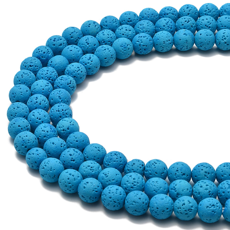 2.0mm Large Hole Bright Blue Lava Rock Stone Smooth Round 6mm 8mm 10mm 15.5'' Strand