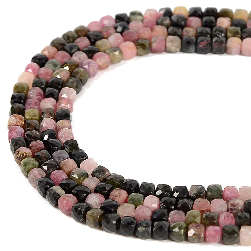 Natural Multi Tourmaline Faceted Cube Beads Size 4mm 15.5'' Strand