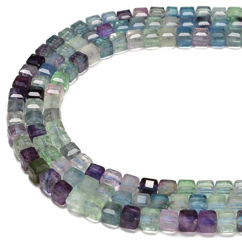 Natural Fluorite Faceted Square Cube Dice Beads Size 4mm 15.5'' Strand