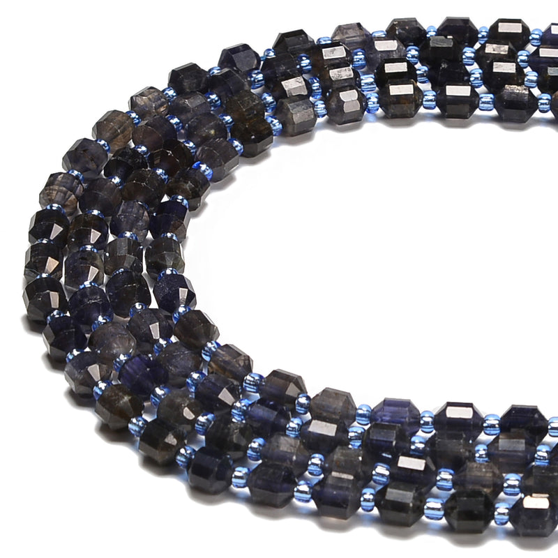 Natural Iolite Prism Cut Double Point Faceted Round Beads 6mm 15.5'' Strand