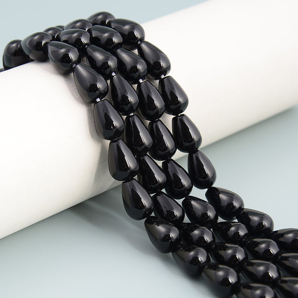 Black Onyx Smooth Full Teardrop Beads Size 10x14mm 15.5'' Strand