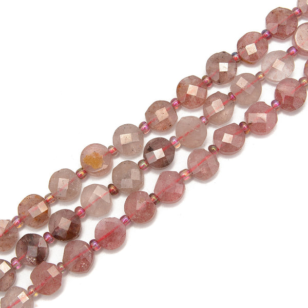 Strawberry Quartz Faceted Flat Round Coin Beads Size 8mm 15.5" Strand
