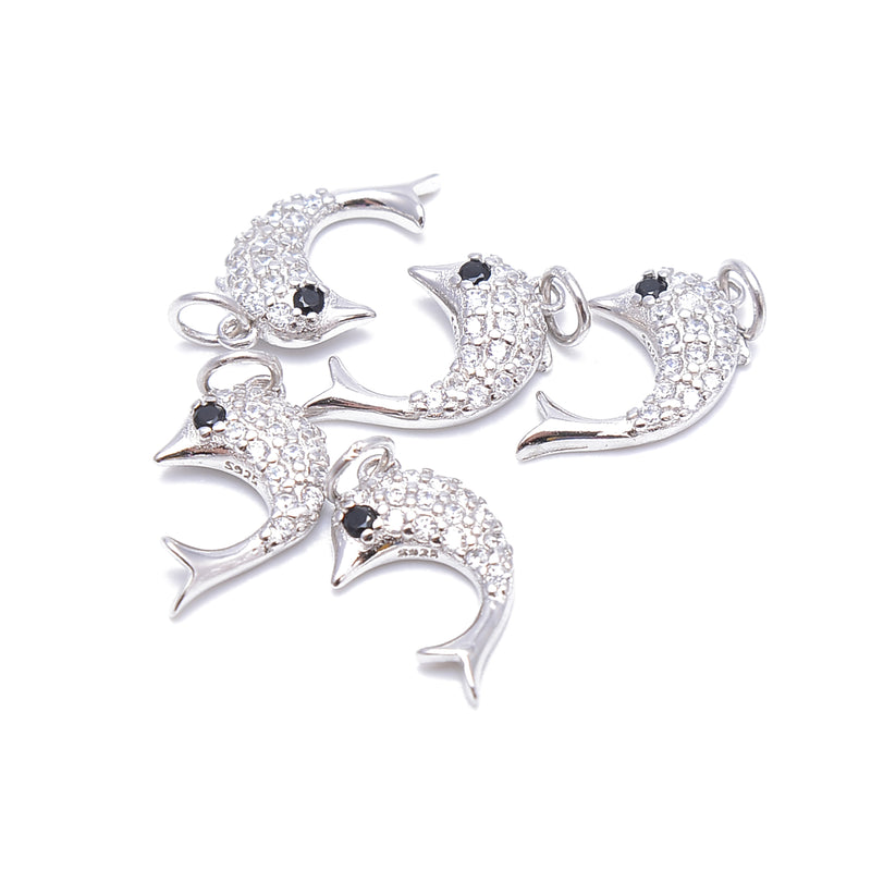 925 Sterling Silver Dolphin Charm with Cubic Zirconia Size 8x14mm 3 PCS Per Bag